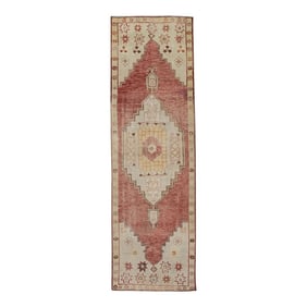 1960s Red Geometric Design Handwoven Wool Vintage Turkish Runner 3'2" X 10'2"