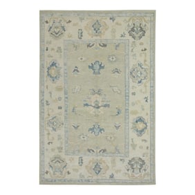 Early 21st Century Green & Blue Floral Design Handwoven Wool Turkish Oushak Rug 5'1" X 6'9"