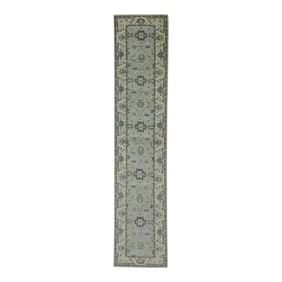 Early 21st Century Blue Floral Design Handwoven Wool Turkish Oushak Runner 2'8" X 13'9"