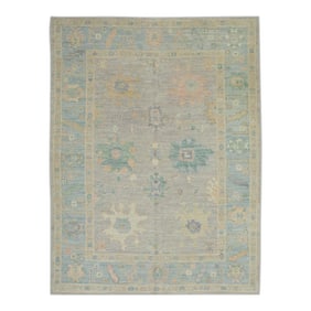Early 21st Century Blue Multicolor Floral Design Handwoven Wool Turkish Oushak Rug 5'4" X 6'9"