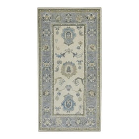 Early 21st Century Cream & Blue Floral Design Handwoven Wool Turkish Oushak Rug 2'8" X 5'4"