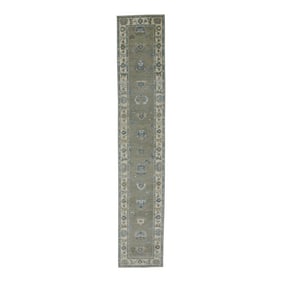 Early 21st Century Green & Blue Floral Design Handwoven Wool Turkish Oushak Runner 2'9" X 14'9"