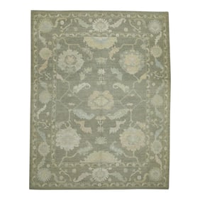 Early 21st Century Olive Green Floral Design Handwoven Wool Turkish Oushak Rug 8'2" X 10'2"