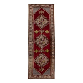 1960s Red Geometric Design Handwoven Wool Vintage Turkish Runner 3'6" X 10'2"