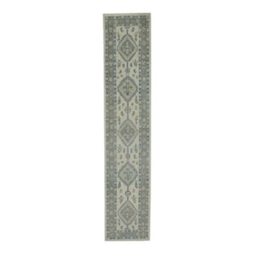 Early 21st Century Green & Blue Geometric Design Handwoven Wool Turkish Oushak Runner 2'10" X 12'9"