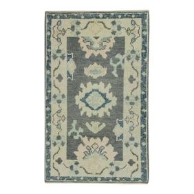 Early 21st Century Gray Floral Design Handwoven Wool Turkish Oushak Rug 2' X 3'3"