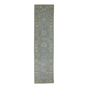 Early 21st Century Blue & Green Floral Design Handwoven Wool Turkish Oushak Rug 2'10" X 12'
