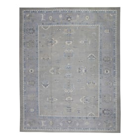Early 21st Century Green & Blue Floral Design Handwoven Wool Turkish Oushak Rug 12'6" X 15'2"
