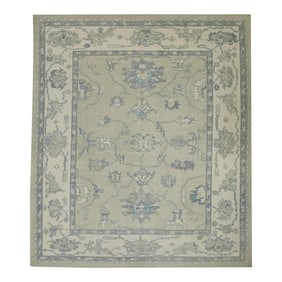Early 21st Century Green & Blue Floral Design Handwoven Wool Turkish Oushak Rug 8'2" X 9'8"