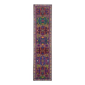 1960s Purple Colorful Geometric Design Handwoven Wool Vintage Turkish Runner 3' X 12'6"