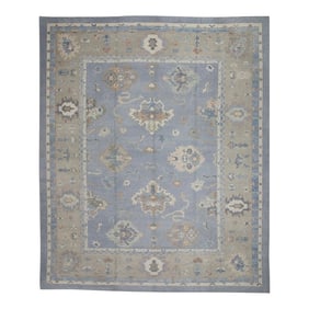 Early 21st Century Blue & Taupe Floral Design Handwoven Wool Turkish Oushak Rug 12'3" X 15'
