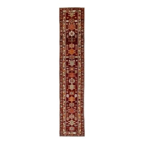1960s Red Geometric Design Handwoven Wool Vintage Turkish Oushak Runner 2'10" X 14'11"