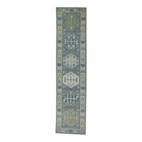 Early 21st Century Blue Geometric Design Handwoven Wool Turkish Oushak Runner 2'11" X 12'5"