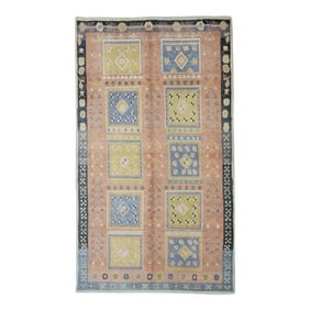 1960s Pink & Blue Geometric Design Handwoven Wool Vintage Turkish Rug 5'10" X 10'