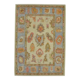 Early 21st Century Blue & Pink Floral Design Handwoven Wool Turkish Oushak Rug 4'1" X 6'3"