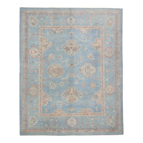 Early 21st Century Blue Handwoven Wool Turkish Oushak Rug in Red Floral Pattern 8'4" X 10'2"