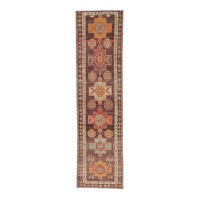 1960s Mauve Geometric Design Handwoven Wool Vintage Turkish Runner 2'10" X 10'5"