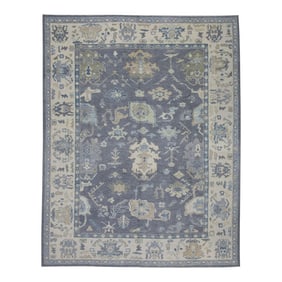 Early 21st Century Gray & Blue Floral Design Handwoven Wool Turkish Oushak Rug 8'9" X 11'5"