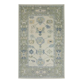 Early 21st Century Green & Blue Floral Design Handwoven Wool Turkish Oushak Rug 5'10" X 8'10"