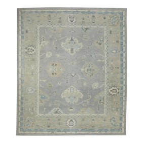 Early 21st Century Gray & Green Floral Design Handwoven Wool Turkish Oushak Rug 8' X 9'6"