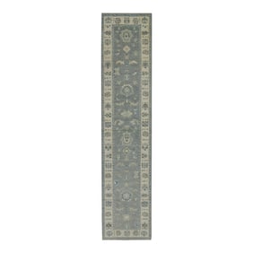 Early 21st Century Gray Floral Design Handwoven Wool Turkish Oushak Runner 2'8" X 12'3"
