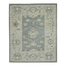 Early 21st Century Blue Floral Design Handwoven Wool Turkish Oushak Rug 4'11" X 6'7"