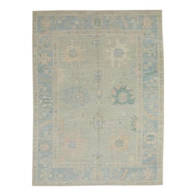 Early 21st Century Blue Colorful Floral Design Handwoven Wool Turkish Oushak Rug 4'11" X 7'1"