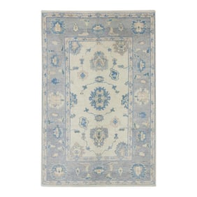 Early 21st Century Blue Floral Handwoven Wool Turkish Oushak Rug 4'10" X 7'7"