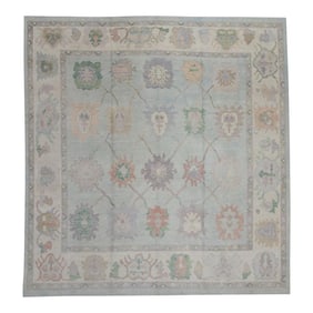 Early 21st Century Blue Colorful Floral Design Handwoven Wool Square Turkish Oushak Rug 10'2" X 10'1