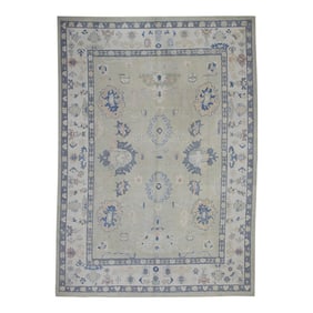 Early 21st Century Green & Gray Floral Design Handwoven Wool Turkish Oushak Rug 9'11" X 14'