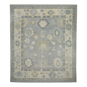 Early 21st Century Blue & Green Floral Design Handwoven Wool Turkish Oushak Rug 8'3" X 9'7"
