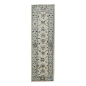 Early 21st Century Blue & Brown Floral Design Handwoven Wool Turkish Oushak Rug 2'7" X 8'5"