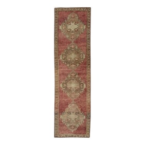 1960s Red Geometric Design Handwoven Wool Vintage Turkish Runner 3'3" X 11'11"