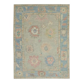 Early 21st Century Blue Multicolor Floral Design Handwoven Wool Turkish Oushak Rug 5'1" X 6'11"