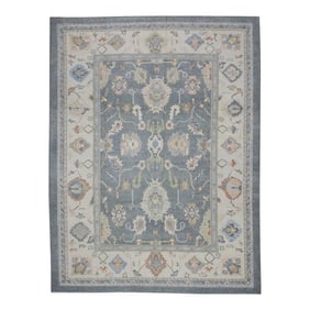Early 21st Century Gray Colorful Floral Design Handwoven Wool Turkish Oushak Rug 8'11" X 11'8"
