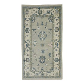 Early 21st Century Green & Blue Floral Design Handwoven Wool Turkish Oushak Rug 3'8" X 6'7"