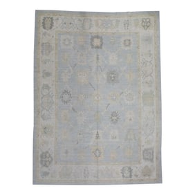 Early 21st Century Blue Floral Design Handwoven Wool Turkish Oushak Rug 10'2" X 14'1"