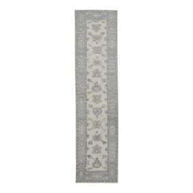 Early 21st Century Blue & Brown Floral Design Handwoven Wool Turkish Oushak Rug 2'5" X 9'6"