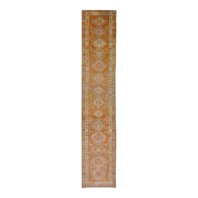 1960s Orange Geometric Design Handwoven Wool Vintage Turkish Oushak Runner 3' X 15'2"