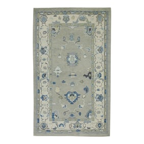 Early 21st Century Green & Blue Floral Design Handwoven Wool Turkish Oushak Rug 3'10" X 6'1"