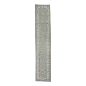 Early 21st Century Green & Blue Floral Design Handwoven Wool Turkish Oushak Runner 3' X 15'1"
