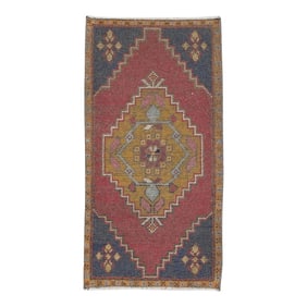 1960s Red & Blue Geometric Design Handwoven Wool Vintage Turkish Mini Rug 1'9" X 3'5"