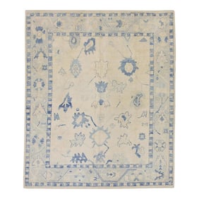Early 21st Century Cream Handwoven Wool Turkish Oushak Rug in Blue Floral Design 8' X 9'5"