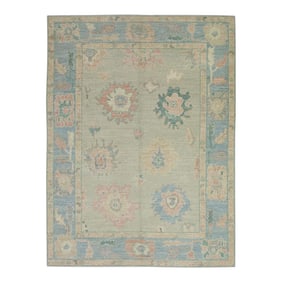 Early 21st Century Pink & Blue Floral Design Handwoven Wool Turkish Oushak Rug 5' X 6'11"