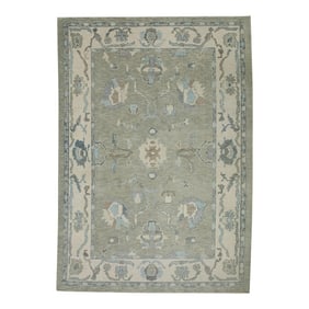 Early 21st Century Green Floral Design Handwoven Wool Turkish Oushak Rug 6'3" X 8'11"