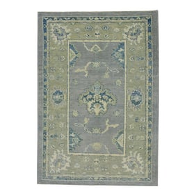 Early 21st Century Blue & Green Floral Design Handwoven Wool Turkish Oushak Rug 4'1" X 5'10"