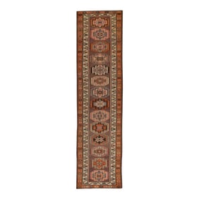 1960s Orange & Mauve Geometric Design Handwoven Wool Vintage Turkish Runner 3'1" X 12'4"