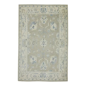 Early 21st Century Green Floral Design Handwoven Wool Turkish Oushak Rug 5'7" X 8'8"
