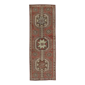 1960s Red & Gray Geometric Design Handwoven Wool Vintage Turkish Runner 3'1" X 8'11"