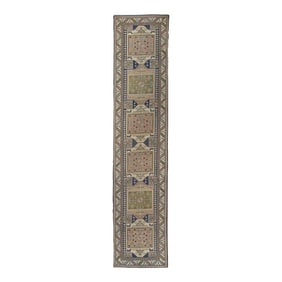 1960s Pink & Blue Geometric Design Handwoven Wool Vintage Turkish Oushak Runner 3' X 13'7"
